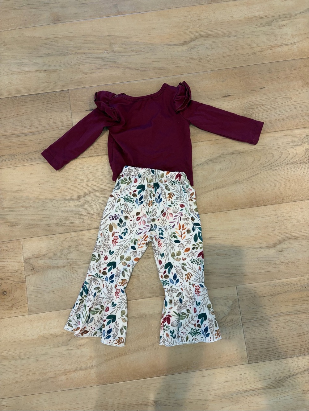 Bailey’s Blossom Girls Burgundy Ruffle-Sleeve Top with Floral Bell Leggings